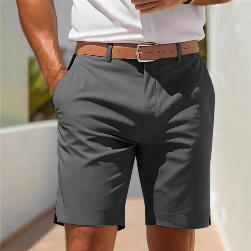 Men's straight-leg business suit shorts in light grey polyester fabric showing front view