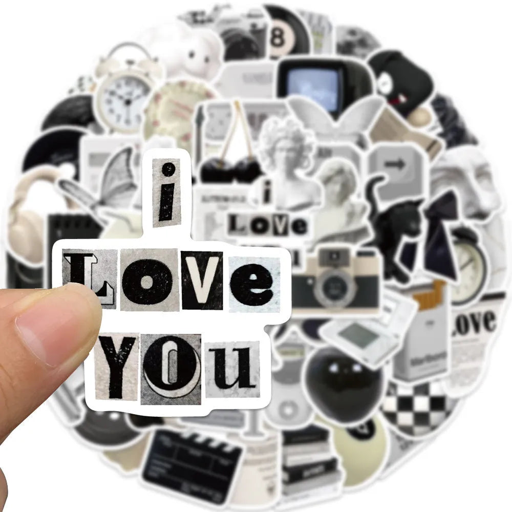 61-piece pack of black and white simple design PVC waterproof stickers for laptops and phones.