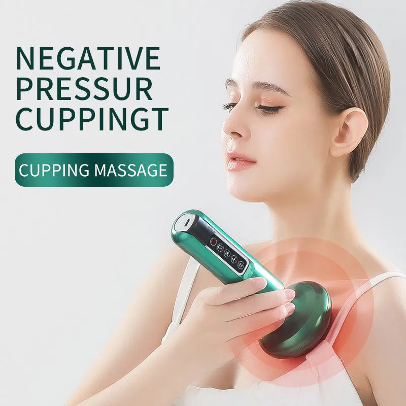 Green electric vacuum cupping massager device with suction cups and USB charger.