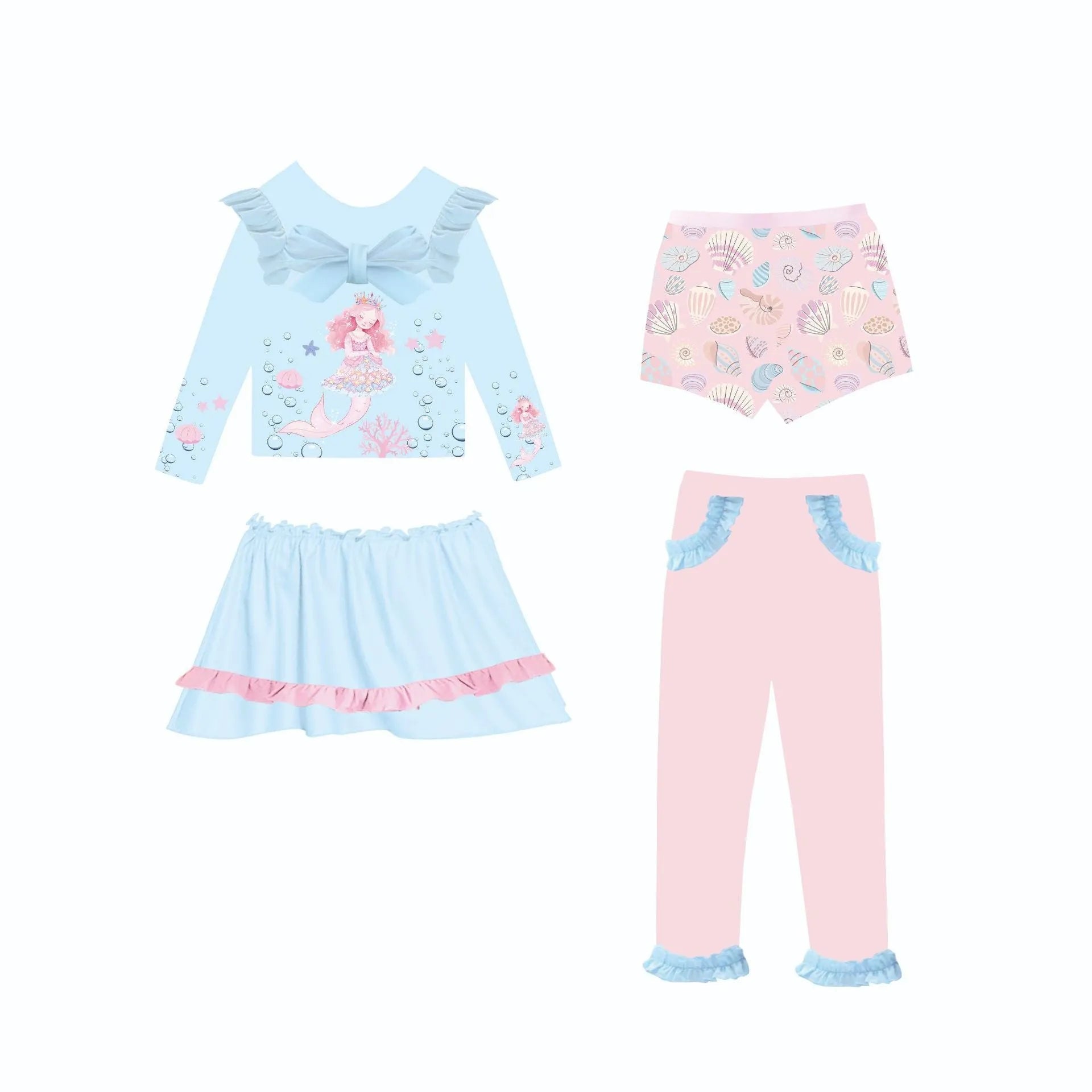 Girl's gilded coloured mermaid swimsuit set with long sleeve top and skirt in Baby Ocean colour
