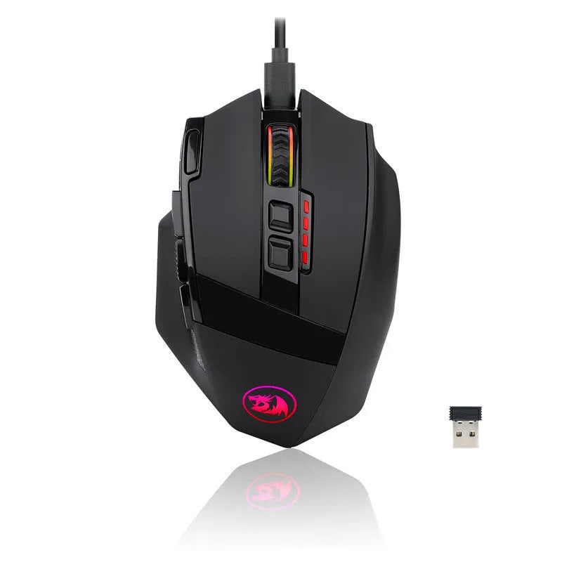 Black Redragon M801P wireless gaming mouse with multiple side buttons on ergonomic right-handed design