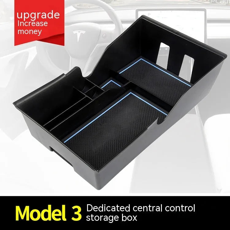 Plastic storage box designed for retrofitting into a Tesla Model 3, S, or X central control armrest.