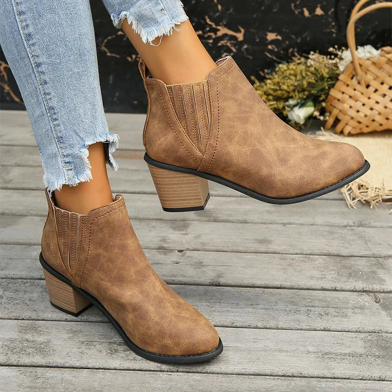 Women's black ankle boots with pointed toe and thick square slip-on heel