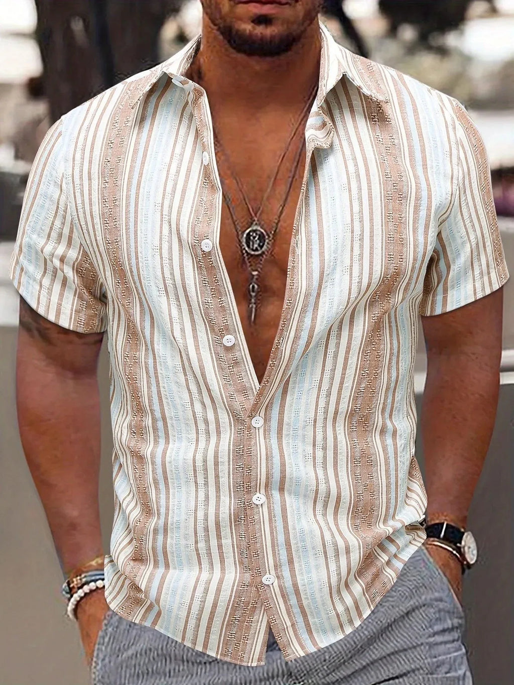 Men's 3D printed stripe shirt in anti-wrinkle polyester for summer casual wear