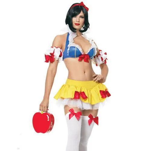 Snow White anime costume dress with headdress, crop top, skirt, and detachable sleeves for Halloween cosplay