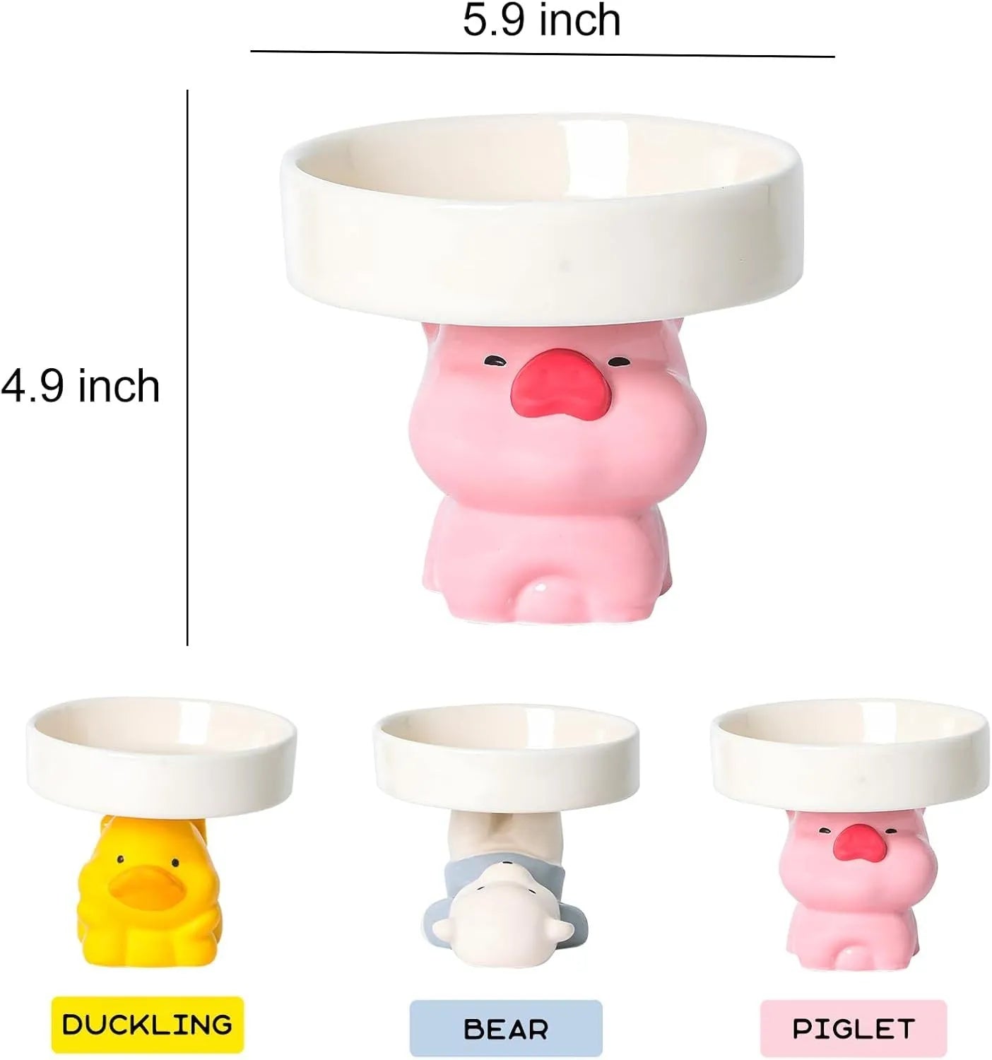Ceramic raised pet bowl in animal design, showing wide 15cm opening and 4.92-inch elevation.