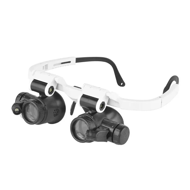 White head mounted magnifying glass with LED light, shown in unfolded position for use on a workbench.