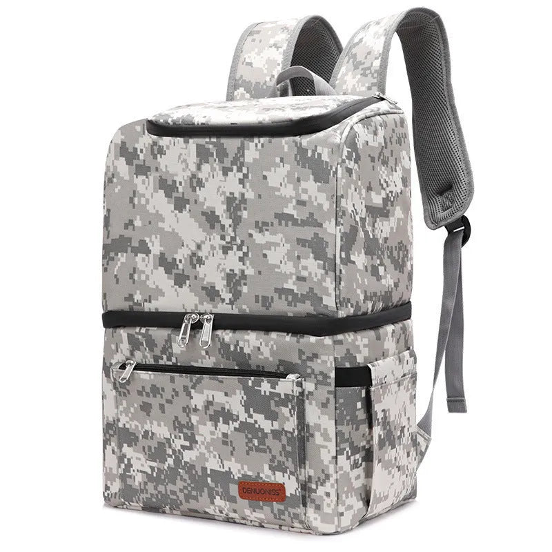 Blue double-layer insulated waterproof backpack cooler with 22 litre capacity shown outdoors.