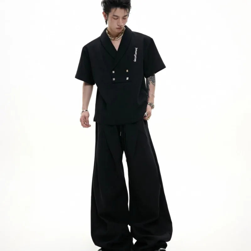 Men's dark grey metal embellished cotton sports suit with V-neck jacket and matching shorts