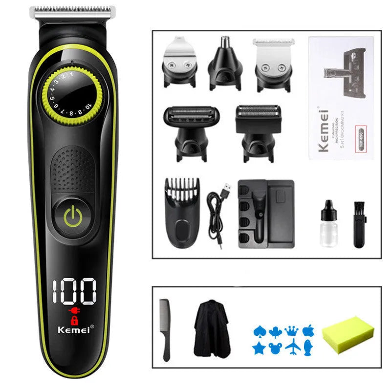 Black KM-696 rechargeable electric hair clipper kit with stainless steel blade and USB charging cable