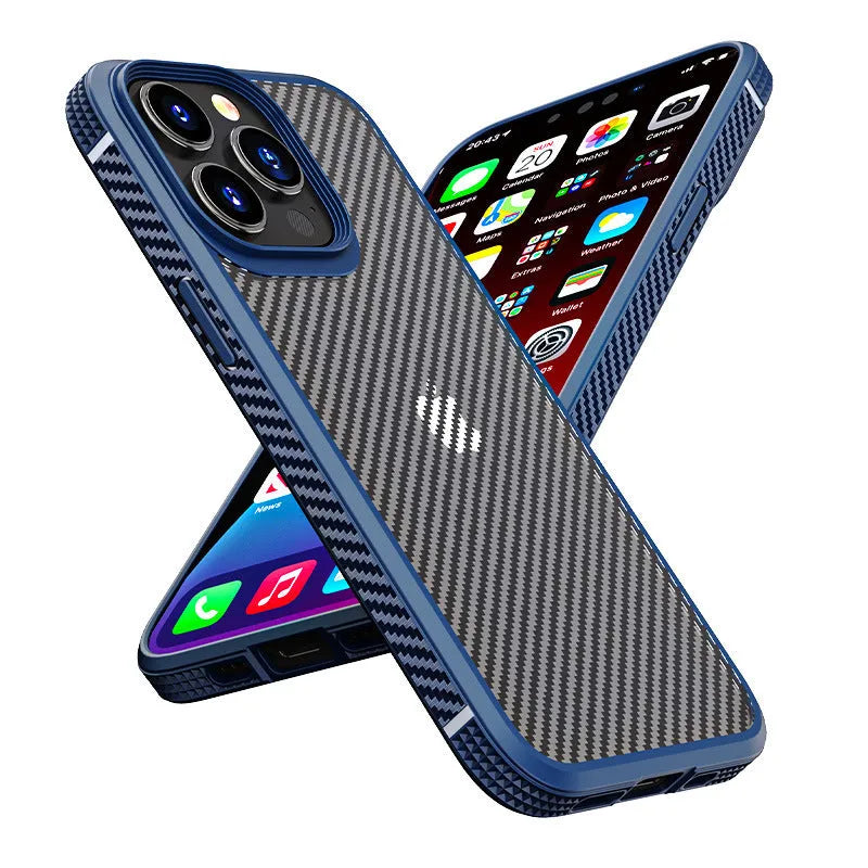 Black and blue iPhone 13 series protective phone cases with a carbon fibre pattern texture.