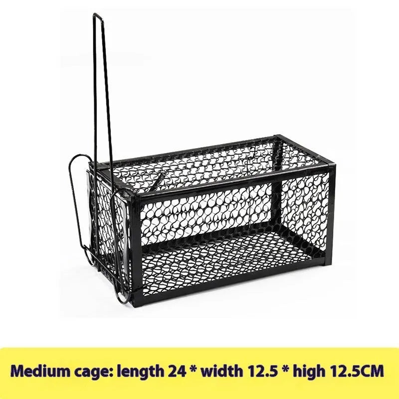 Automatic mouse trap cage in small, medium, and large sizes with metal and plastic construction