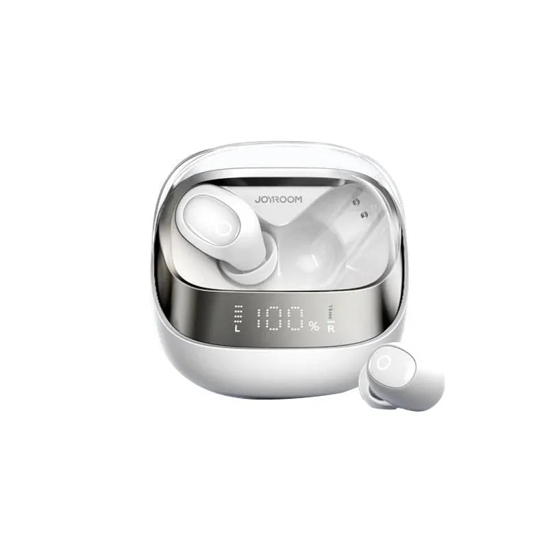 Wireless in-ear Bluetooth headphones with charging case in dawn white, black, or purple.