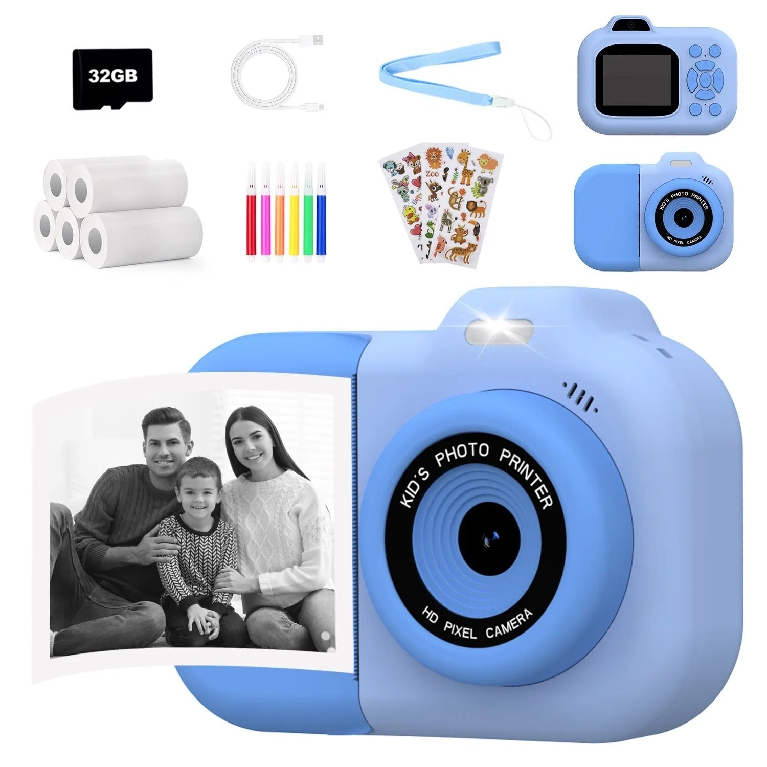 Children's plastic digital toy camera in pink, blue, or purple colour with screen, showing photo sticker function and games.