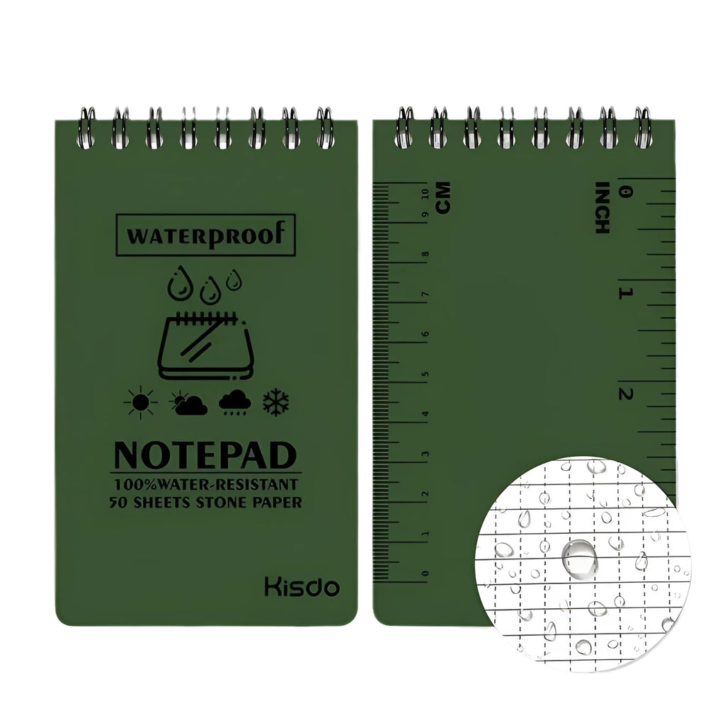 Spiral-bound waterproof office notepad in camouflage colour with stone paper pages.