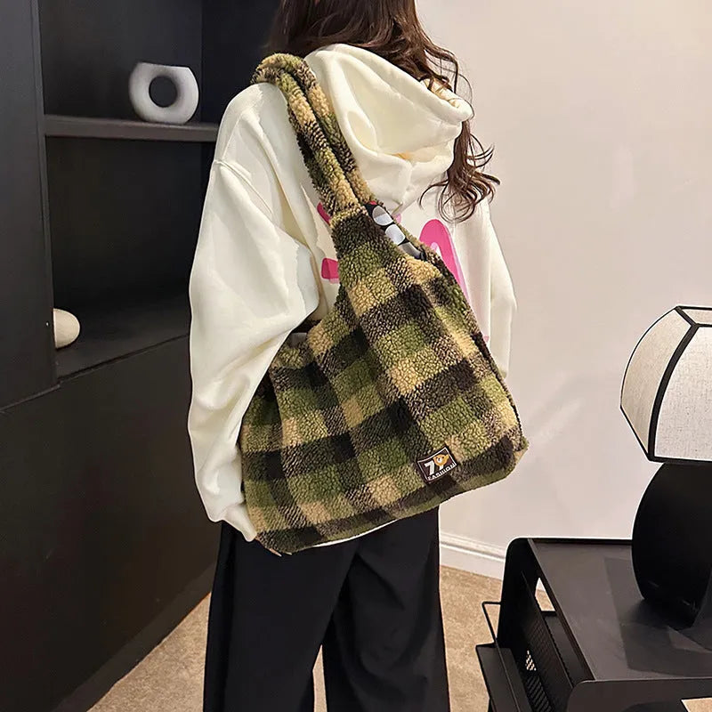 Women's soft plush plaid crossbody tote bag in Army Green colour showing front view and shoulder strap