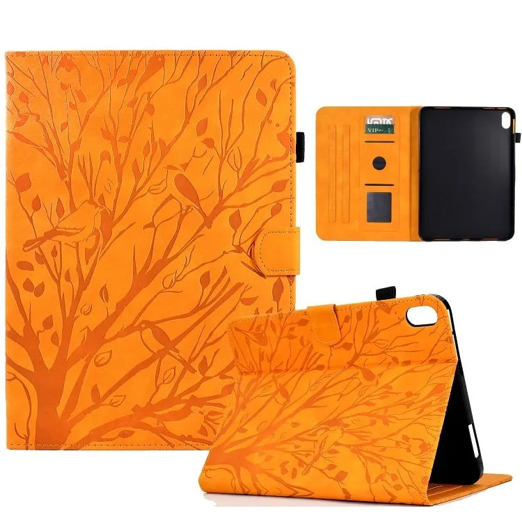 Imitation leather tablet case in black with integrated stand bracket, shown next to a tablet.