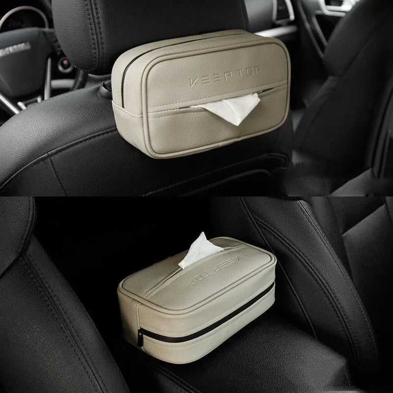 Black PU leather car hanging storage organiser bag shown with documents inside