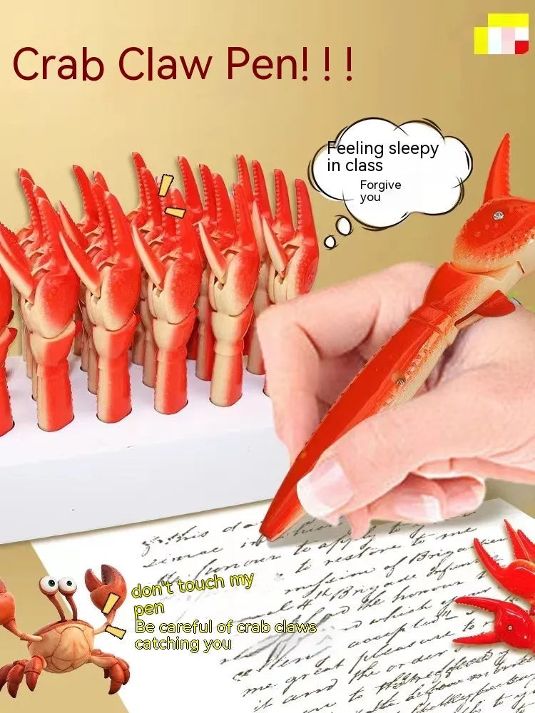 Crab-shaped ballpoint pen with pressable clip mechanism showing crab design details