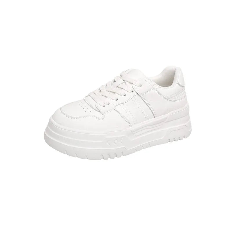 White cowhide leather platform height increasing casual lace up sports board shoes for women