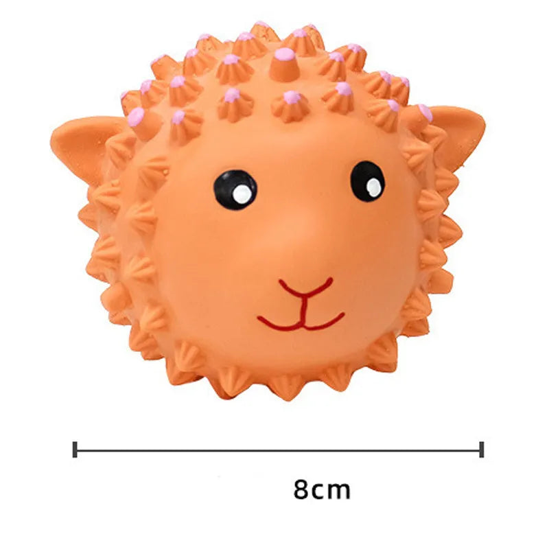 Orange and yellow latex dog toys with spiky surfaces and animal designs