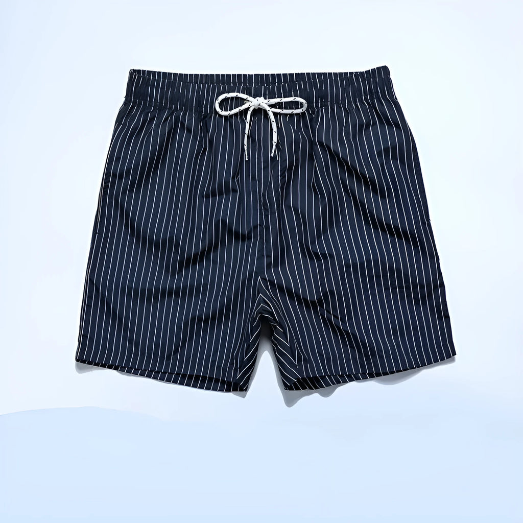 Polyester fibre striped beach shorts in navy blue, grey, khaki, or light blue colours