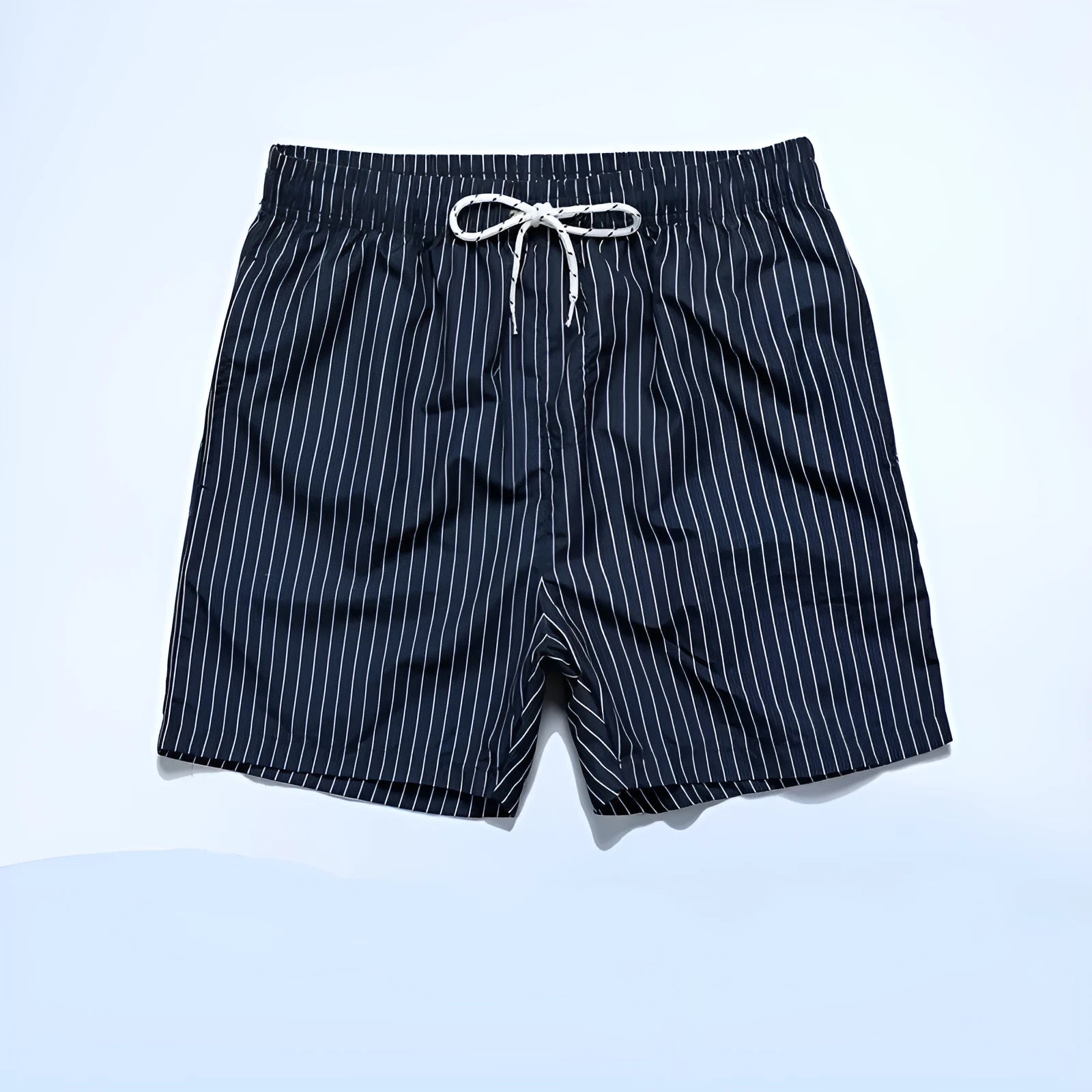 Polyester fibre striped beach shorts in navy blue, grey, khaki, or light blue colours