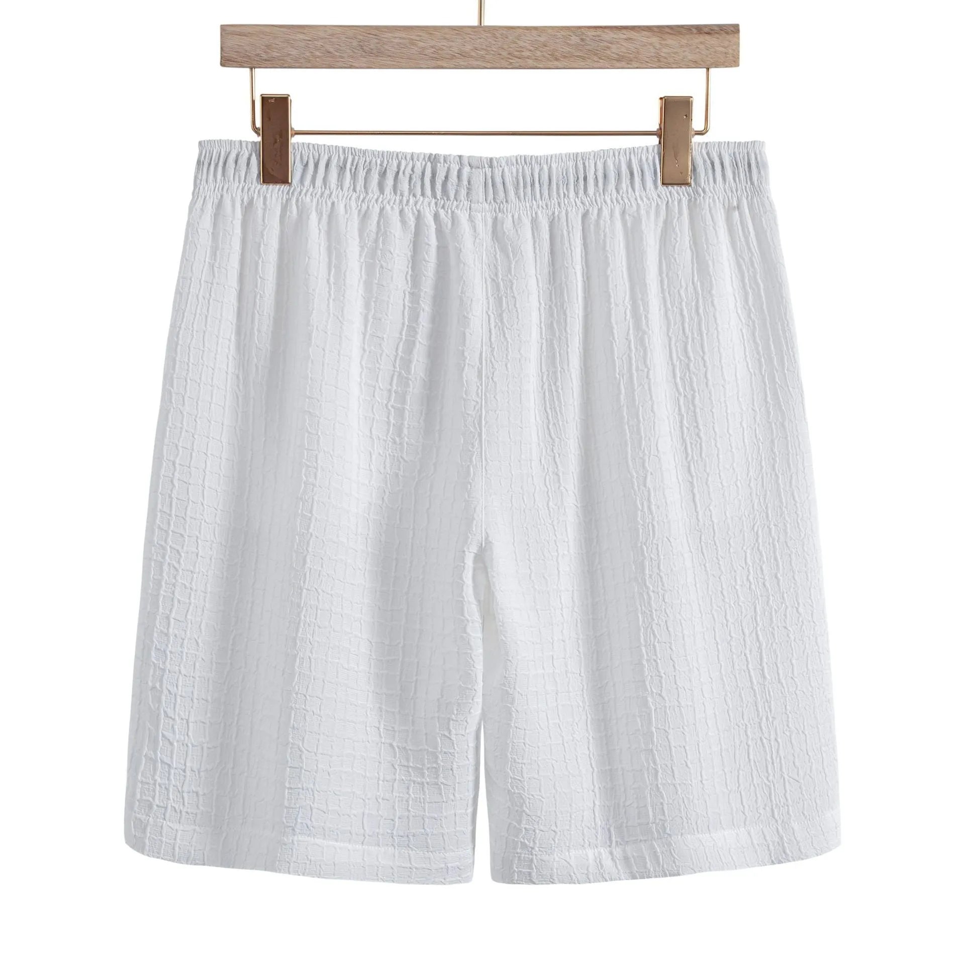 Men's white cotton blend jacquard short sleeve shirt with matching casual shorts