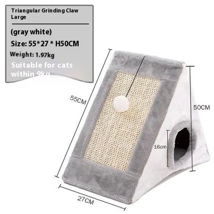 Grey and white triangle-shaped cat bed with sisal scratching side and plush sleeping area
