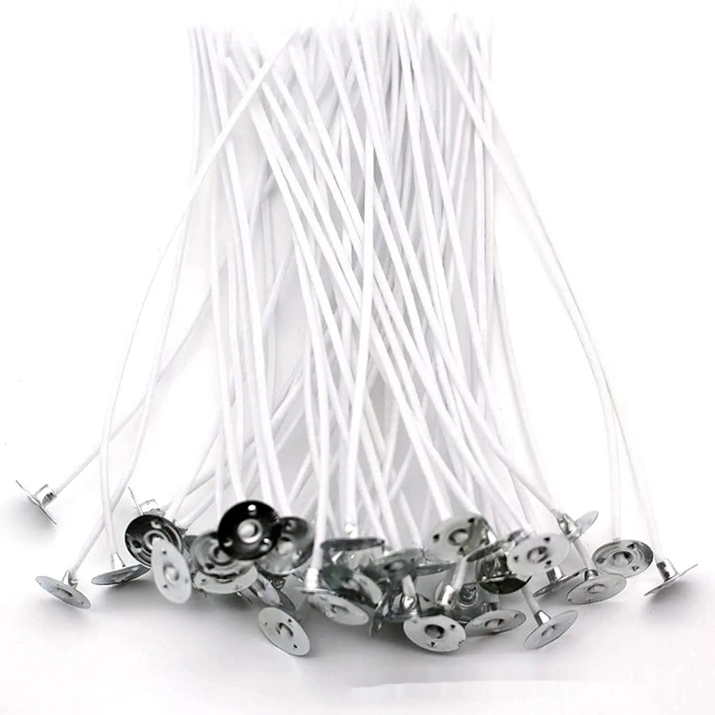 White cotton candle wick spool showing tightly woven core, with 2.6cm, 6cm and 8cm size examples.