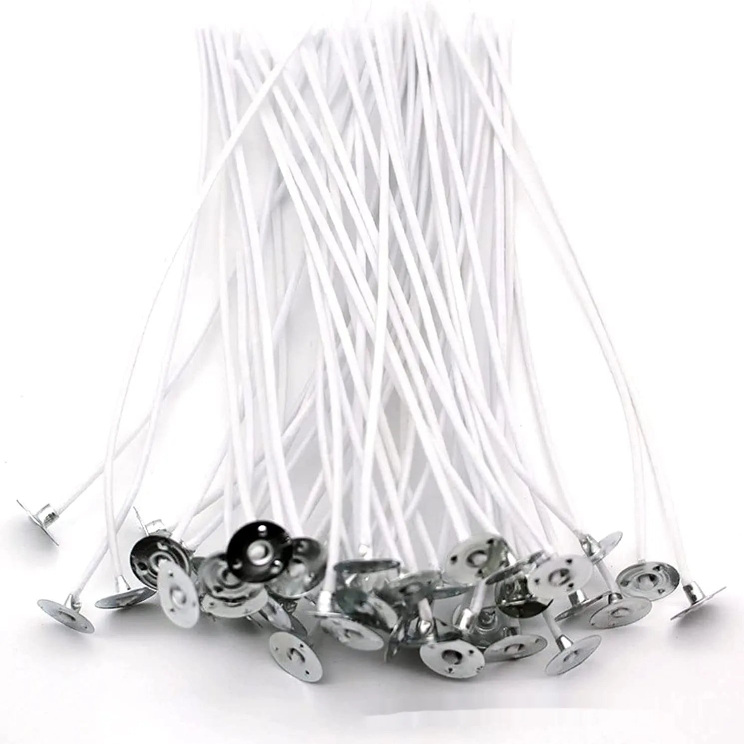 White cotton candle wick spool showing tightly woven core, with 2.6cm, 6cm and 8cm size examples.