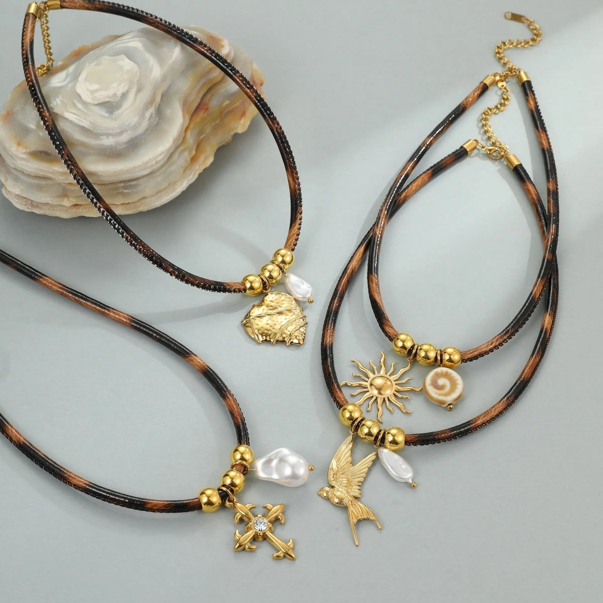 Women's leopard print geometric stainless steel necklace with 18K gold plating on adjustable chain