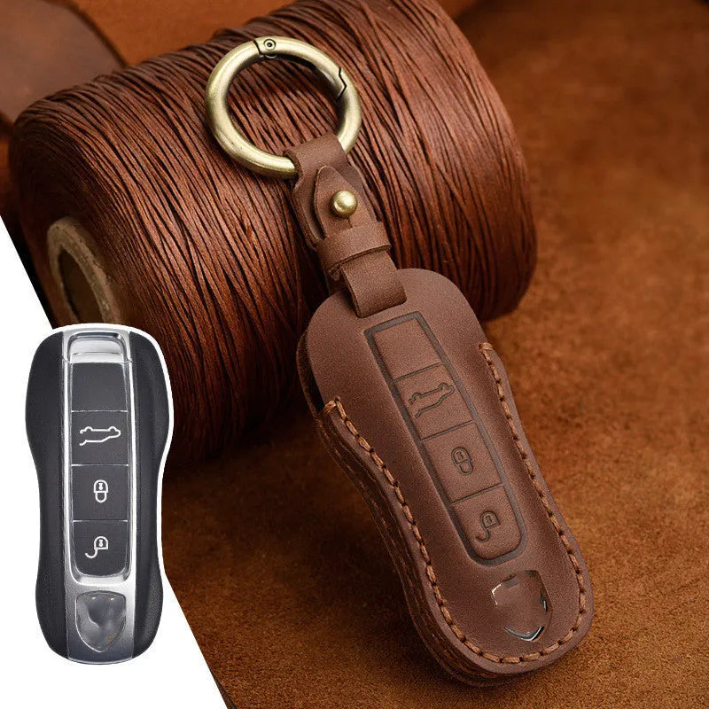 Porsche leather key case with retro bag buckle in blue or brown colour