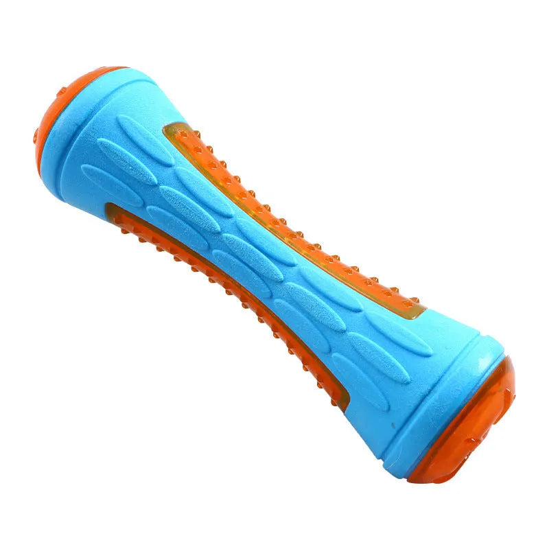 Set of three floating TPR dog toys: a squeaky ball, barbell, and tyre for water fetch.