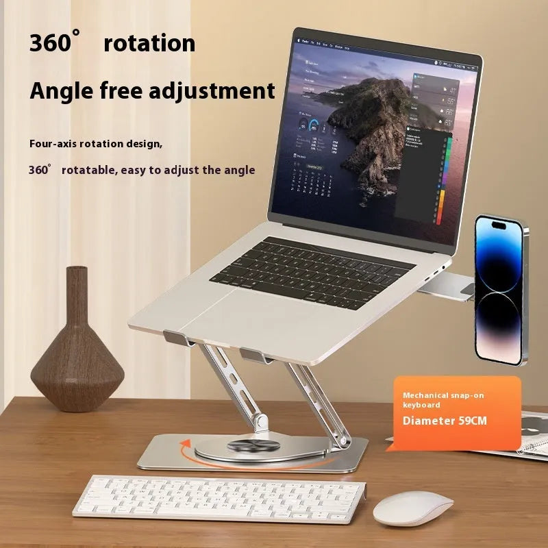 Silver carbon steel laptop stand with 360-degree rotation and side-mounted magnetic phone holder