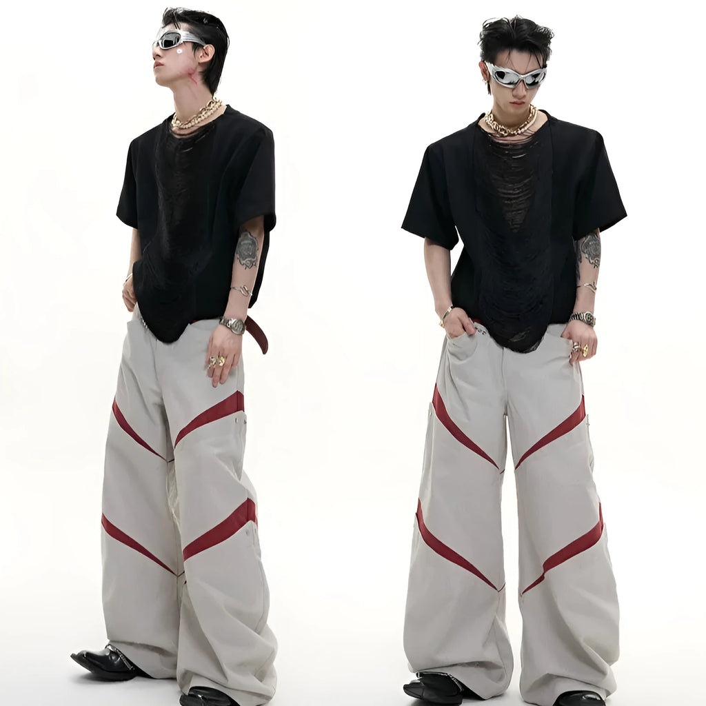 Men's loose black V-neck short sleeve T-shirt with tassel detail on hollow-out polyester fabric.