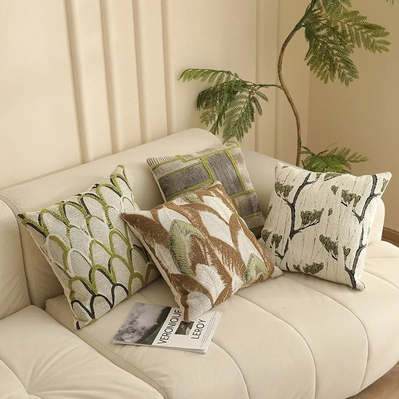 Square jacquard cushion cover with detailed plant and flower pattern in Nordic retro style.