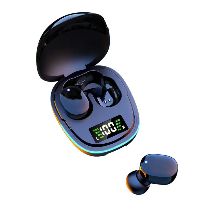 Black true wireless Bluetooth in-ear headphones with a charging case showing digital battery display.