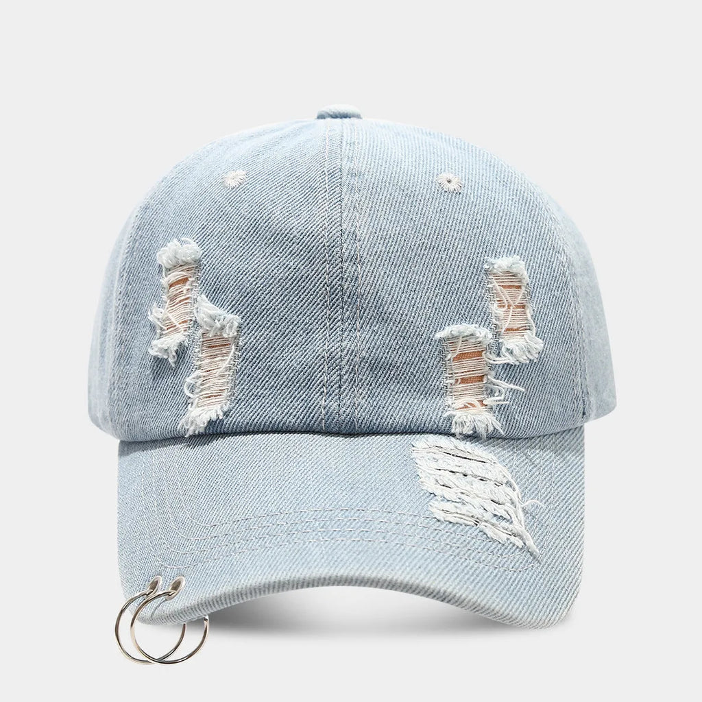 Men's adjustable denim peaked cap in black, white and light blue jeans colours with dome crown