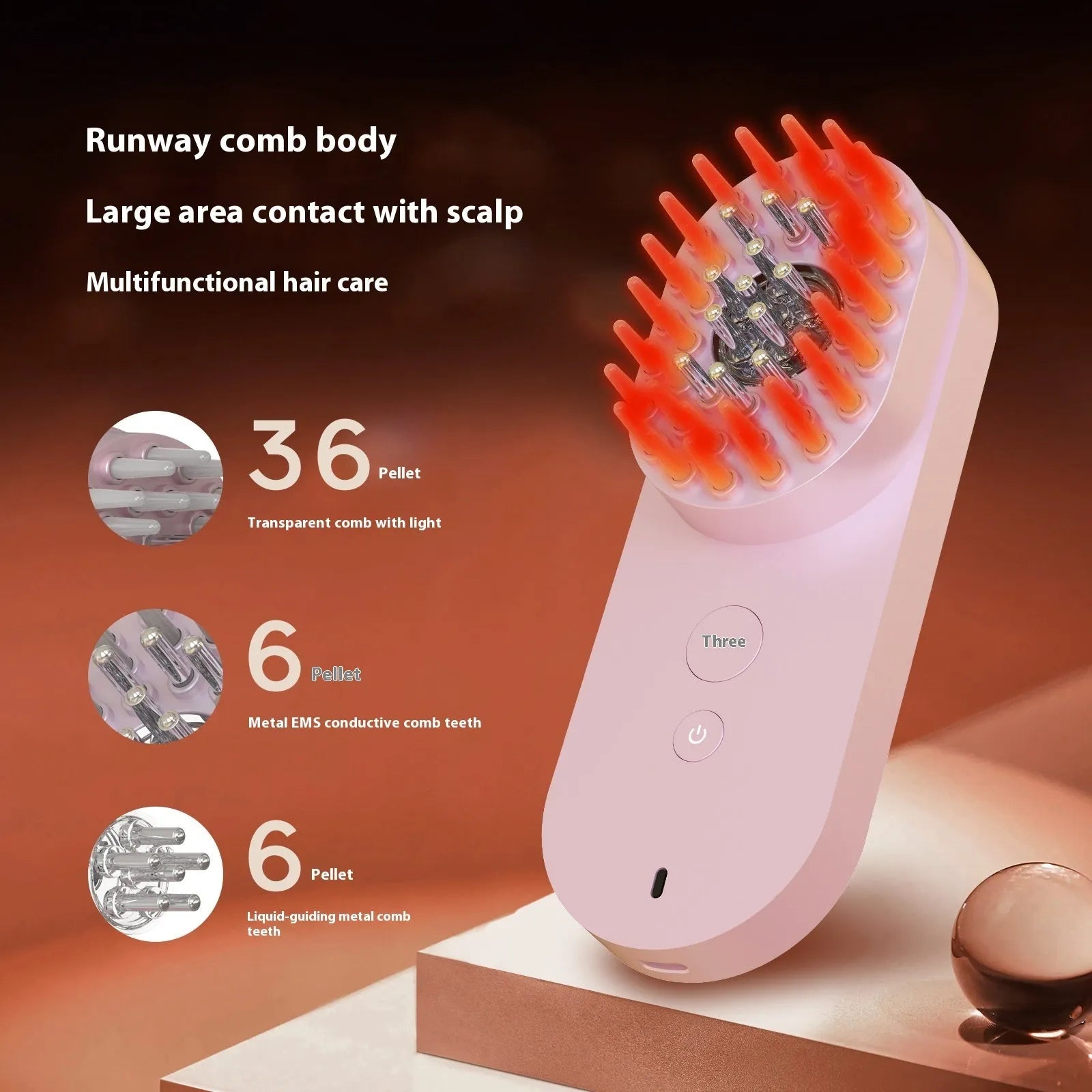 Smart massage comb with red light therapy function in pink or black colour options
