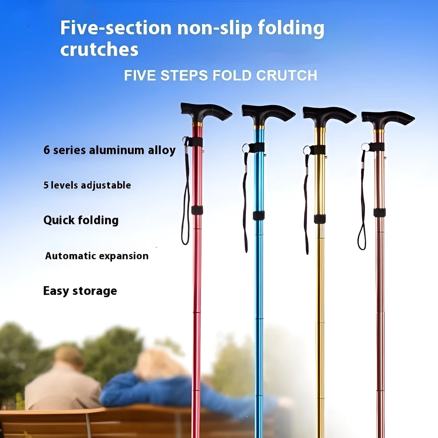 Aluminium alloy folding walking cane shown extended and collapsed, with non-slip handle.