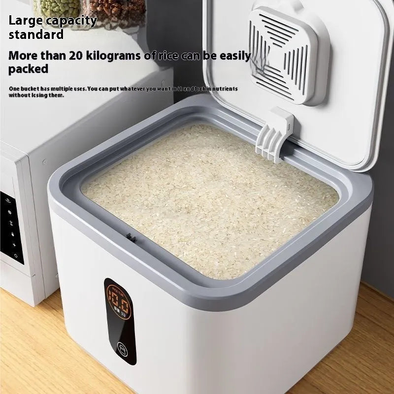 Grey plastic sealed rice storage jar with measuring cup in 10kg, 20kg, or 30kg capacity.