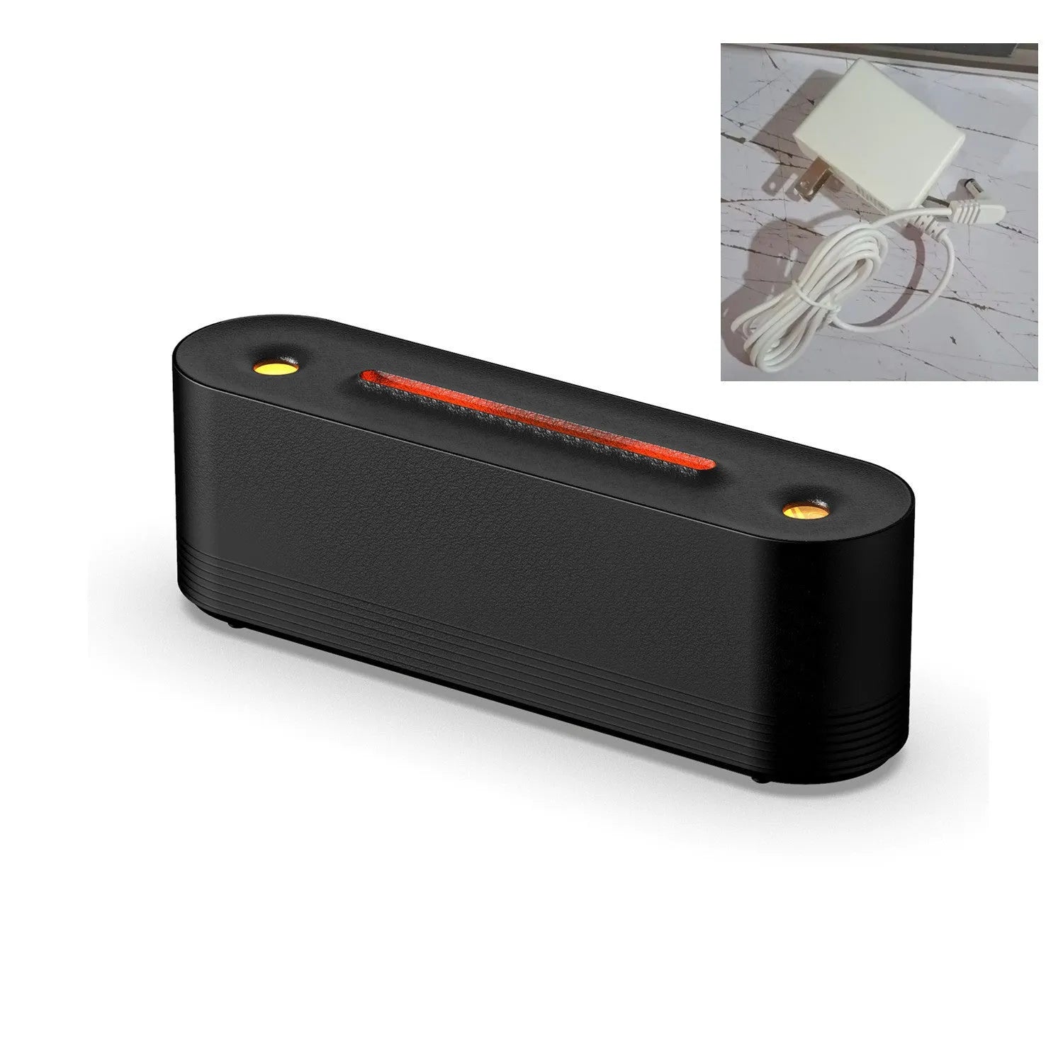 Black ultrasonic humidifier with colourful LED flame lighting and water mist output