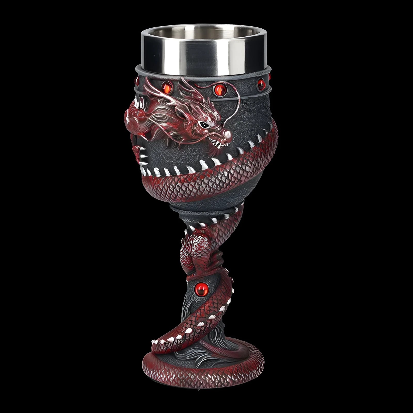 Red wine glass with 3D Chinese dragon design on resin base and stainless steel stem.