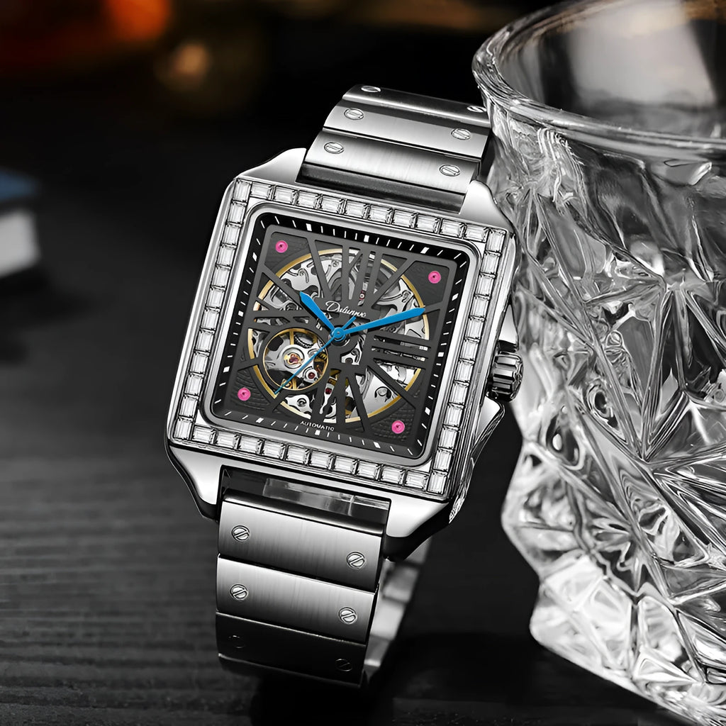 Men's square automatic watch with diamond detailing on stainless steel or leather strap