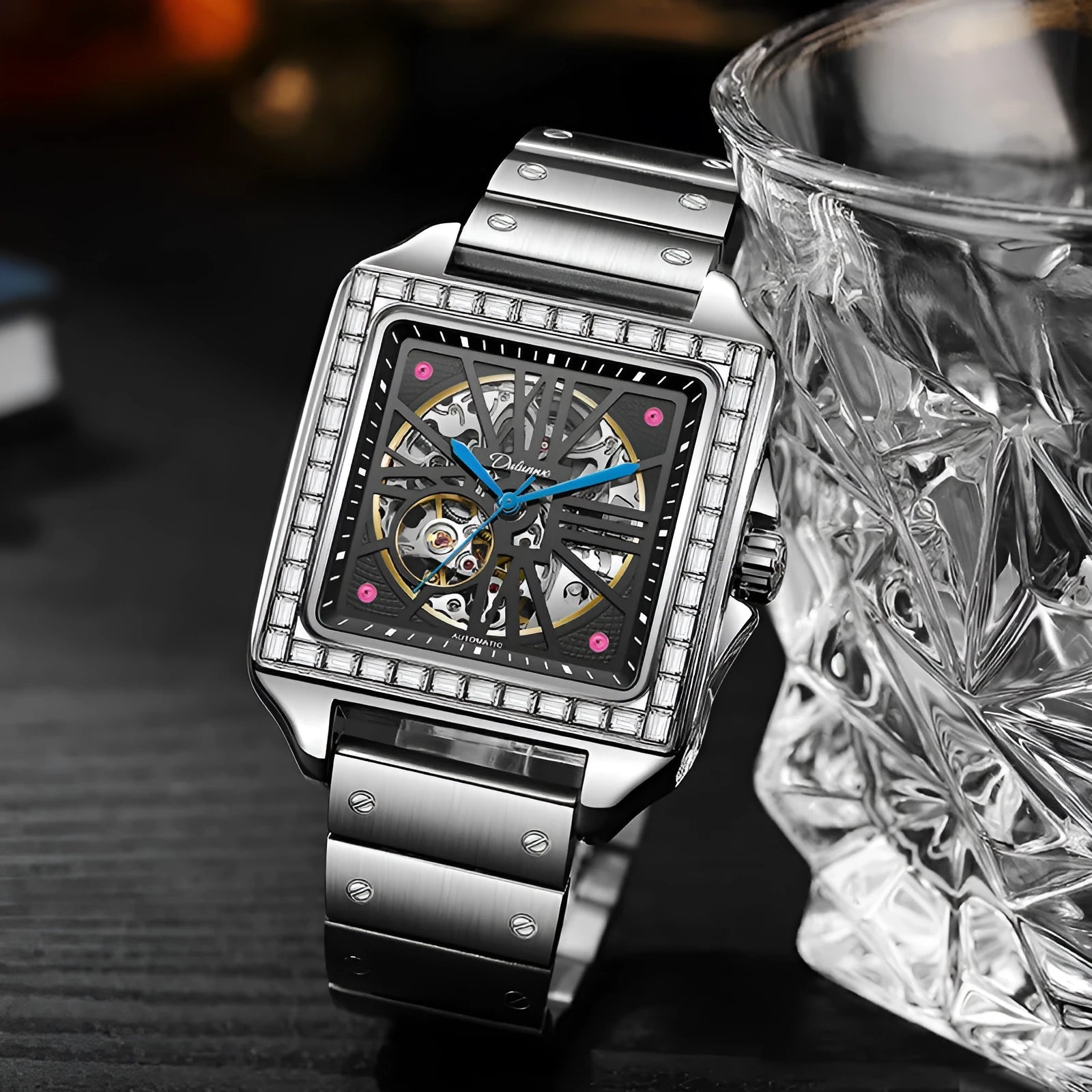 Men's square automatic watch with diamond detailing on stainless steel or leather strap