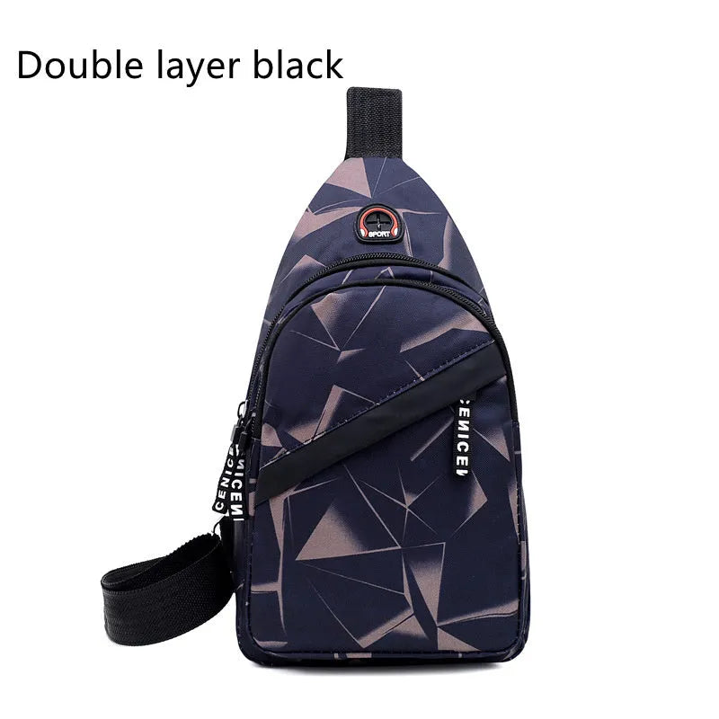 Blue print sling chest bag with a crossbody strap, showing the earphone hole and zipper opening.