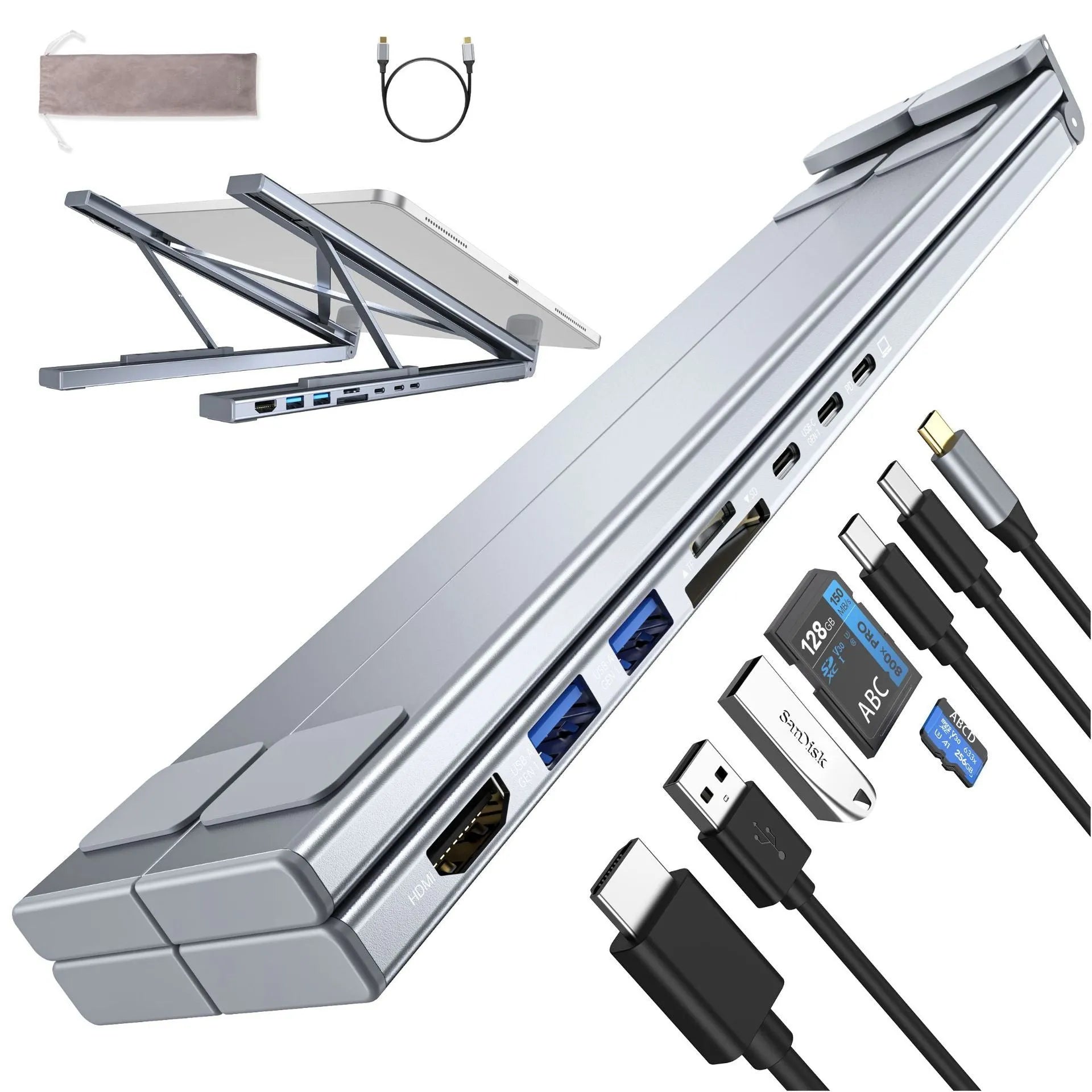 Aluminum folding laptop docking station with 8-in-1 multi-interface hub and 0.6m cable
