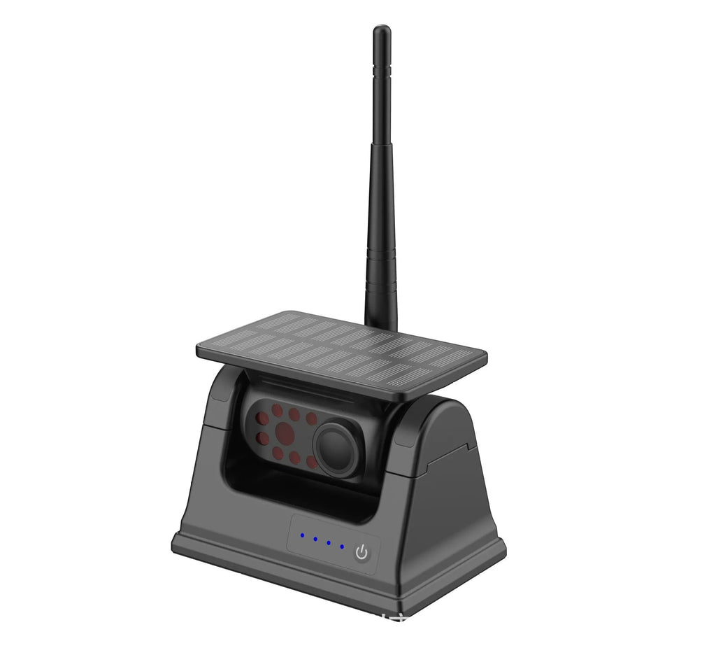 Solar wireless charging vehicle reversing camera with aluminium alloy shell and magnet on black mount.