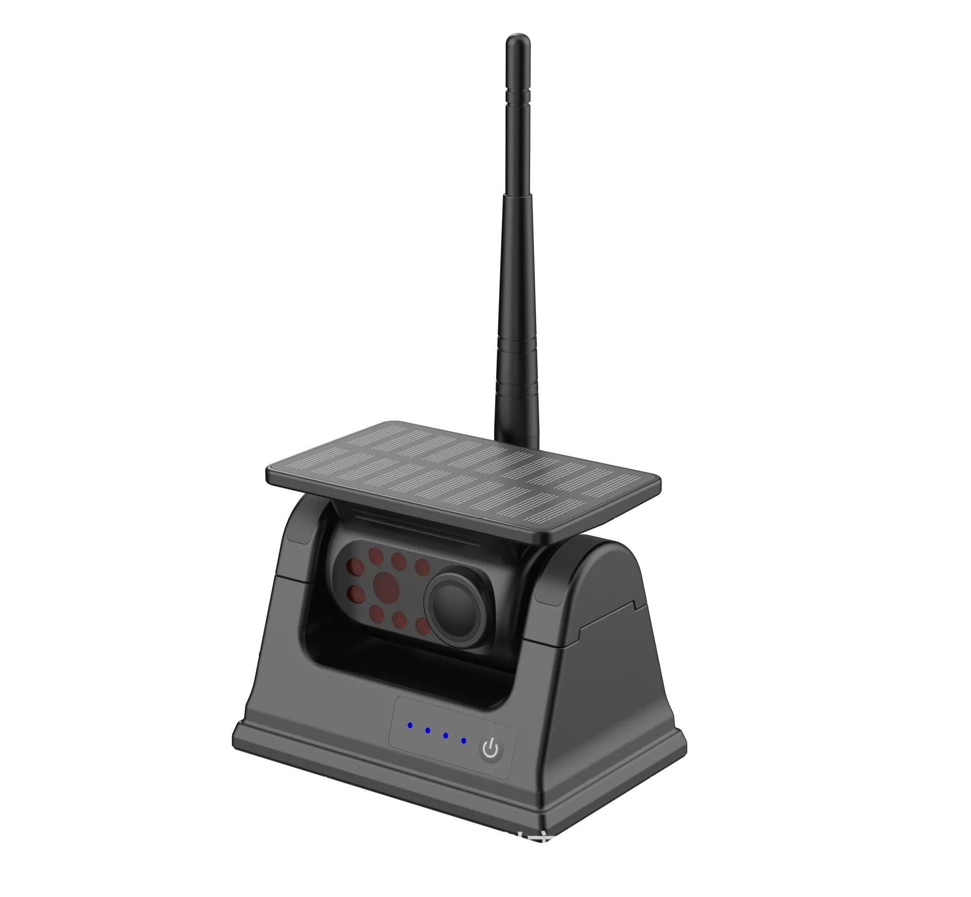 Solar wireless charging vehicle reversing camera with aluminium alloy shell and magnet on black mount.
